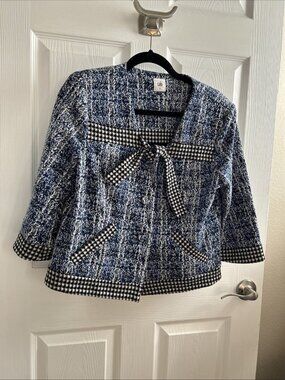 Cabi Club Jacket Womens Med. Houndstooth Blue Black Crop 3/4 Sleeve Blazer 5294